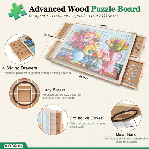 ALL4JIG 2000 Pieces 2-in-1 Tilting & Rotating Puzzle Board, 40.16" x 28.5"Adjustable Angle Puzzle Board with 4 Drawers & Clear Protective Cover, Birthday Gift for mom - color: Iron, size: Large-2000pcs
