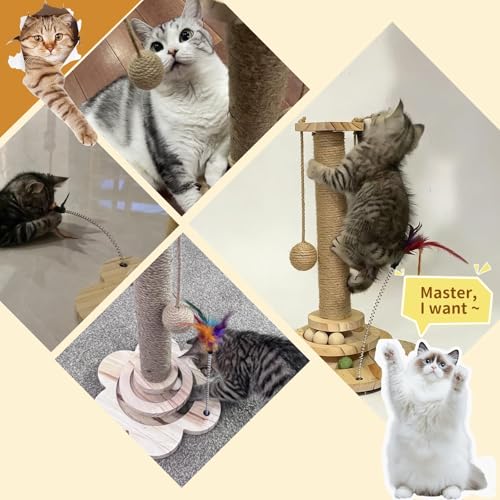 4 inch Wider Design for Large Cats Providing Greater Stability,4-in-1 Wooden Cat Scratcher Toy,Scratching Post&2-Level Track Tower with 8 Balls&2 Sisal Ball&2 Cat Wand Toy(15.8" L x 15.8" W x 19" H) - size: 15.8"L x 15.8"W x 3.1"H