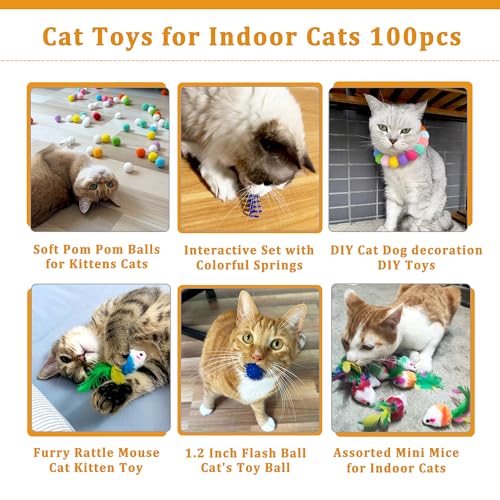 100Pcs Cat Toys Assortment for Indoor Cats, Interactive Kitten Toys Variety Pack with Mice Toys, Sparkle Balls, Soft Pom Poms & Spring Toys, Kitten Starter Kit for Boredom & Exercise