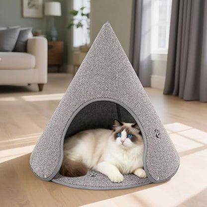BEQHAUSE Cat Beds for Indoor Cats, Cat Cave Bed with Non-Slip Bottom, Anti-Scratch Cat House Cat Tent for Kittens and Small Dogs, Foldable Kitten Hideaway Machine Washable,22.8 * 22.8 * 20.8in, Grey - color: Grey