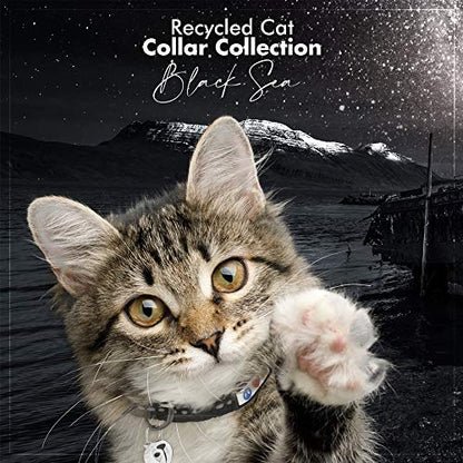 Pawtitas Recycled Black Reflective Cat Collar – Eco-Friendly Breakaway Safety Buckle, Adjustable Kitten & Adult Collar with Removable Bell and High-Visibility Strap - color: Recycled Black