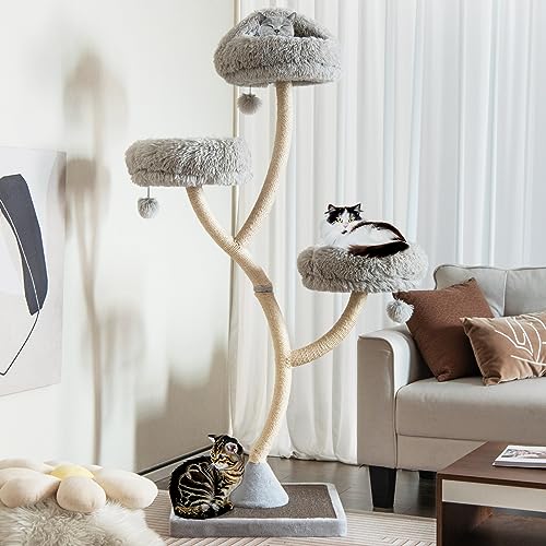 PETSITE 70" Tall Cat Tree, Cat Tower with Scratching Posts and Board, Multi-Level Cat Tower for Large Cats 20 lbs+ with 3 Cozy Perches and Dangling Balls, Modern Cat Tree for Indoor Cats Large Adult - color: Grey