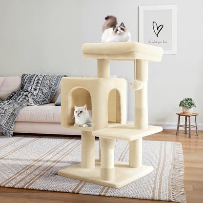 Allewie 29 Inches Cat Tree Tower/Plush Perches Platform/Condo/House/Sisal Scratching Posts/Multi-Level Activity Center Furniture for Kittens/Beige - color: Beige