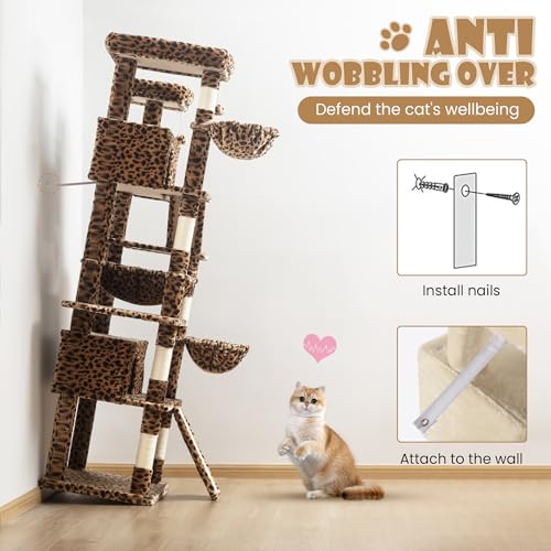 SHA CERLIN 81in Multi-Level Tall Cat Tree Tower for Indoor Kitties/Larger Cat Condo Furniture with Hammock/Cozy Pussycat Perches/Sisal Scratching Posts/Pet House/Wide Base/Leopard Print - color: Leopard Print