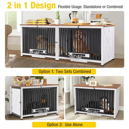 Aivituvin Dog Crate Furniture Foldable Side End Table Expandable Solid Wood Dog Kennel with 360° Rotatable Dog Bowls Indoor Cage, No Assembly Needed (Double Crate)