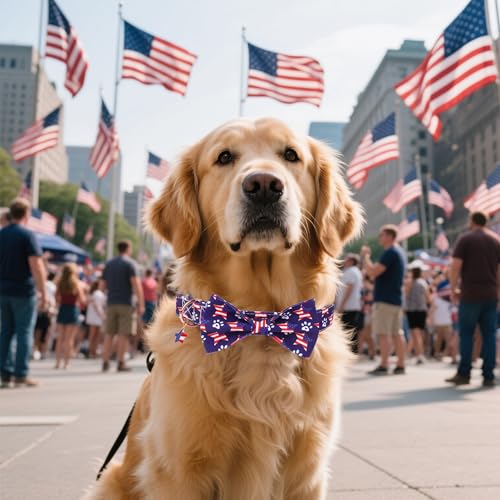 ADOGGYGO American Flag Dog Collar with Bow, Detachable Red Blue Star Pet Bowtie, Metal Buckle, Adjustable Patriotic 4th of July Collars for Large Dogs Boy Girl (Large) - color: American Flag, size: Large