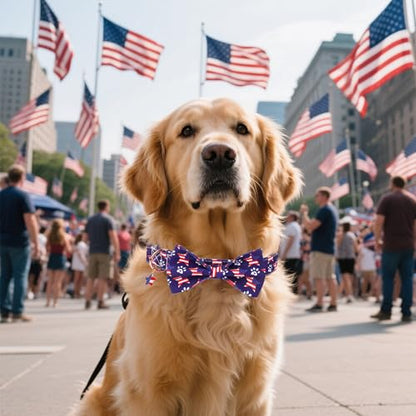 ADOGGYGO American Flag Dog Collar with Bow, Detachable Red Blue Star Pet Bowtie, Metal Buckle, Adjustable Patriotic 4th of July Collars for Large Dogs Boy Girl (Large) - color: American Flag, size: Large