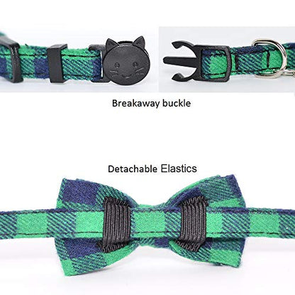 Cat Collar Breakaway with Bell and Bow Tie, Plaid Design Adjustable Safety Kitty Kitten Collars(6.8''-10.8'') (Green Plaid) - color: Green Plaid