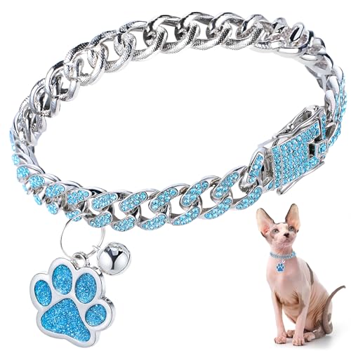 Hillban Cat Collar Diamond Chain Glitter Collar Walking Metal with Secure Buckle Cat Pet Necklace with Paw Charm and ID Tag Bell Link Cuban Jewelry Accessories Gift(8 Inch,Silver,Lake Blue) - color: Sliver,Lake Blue, size: 8 Inch