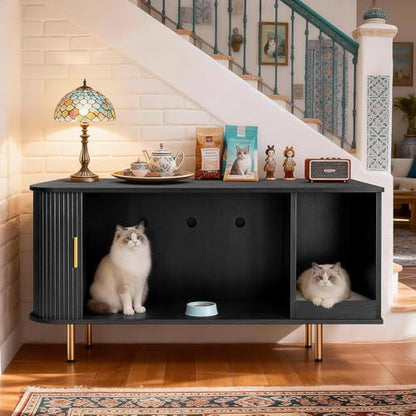 DHH Cat Litter Box Enclosure with Scratch Pad, Sliding Door, 38.5" Cat Litter Furniture Hidden Litter Box Cabinet, Modern Indoor Cat House, TV Stand, Side End Table for Living Room(Black) - color: Black
