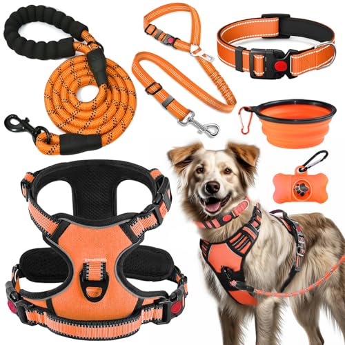 LOBEVE No Pull Dog Harness, Collar & Leash Set | Includes Dog Seat Belt, Collapsible Bowls & Poop Bag Dispenser. Ideal for Training, Walking, Hiking. Fits Small to Large Dogs(Orange-L) - color: Orange, size: Large
