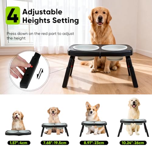 Elevated Dog Bowls Stand, 3 Height Adjustable Raised Dog Bowl with Collapsible Silicone Bowls, Non-Slip Stand for Small, Medium, Large Dogs & Pets