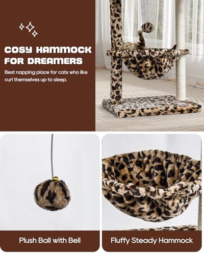 SYANDLVY Small Cat Tree for Indoor Cats, Unique Cheetah Leopard Print Cat Tree Tower for Kitties, Condo Furniture with Hammock & Sisal Scratching Posts - color: Leopard Print