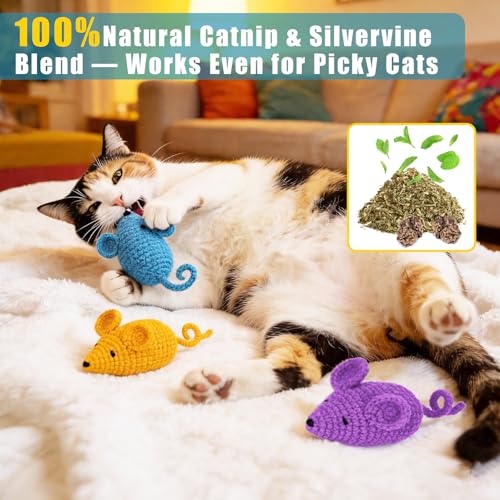 Retro Shaw Catnip Toys Crochet Mice Cat Toys, 3 Pcs Durable Yarn Cat Mouse Toys for Indoor Cats, Stuffed with Natural Catnip & Silvervine Blend, Handmade Interactive Kitten Chew Toy for Teeth Cleaning - style: Mice-3