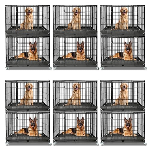 6 Pack Two Tiers 47 Inch Heavy Duty Dog Crate for Large Dogs, Stackable Chew-Proof Drop Cage for Dog with 4 Lockable Wheels, Escape Proof Auto-Lock & Buckle, Double-Access Wide Door Dog Kennel Indoor - size: 47 Inch-12 Pack