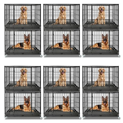 6 Pack Two Tiers 47 Inch Heavy Duty Dog Crate for Large Dogs, Stackable Chew-Proof Drop Cage for Dog with 4 Lockable Wheels, Escape Proof Auto-Lock & Buckle, Double-Access Wide Door Dog Kennel Indoor - size: 47 Inch-12 Pack