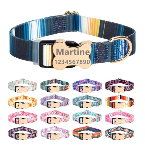 Personalized Custom Customized Silent No Jingle Dog Collar with Engraved ID Dog Name Phone Number/Dog Collars for Puppy X-Small Small Medium Large X-Large Boy Girl Dogs-Blue Stripe-XS - color: 10 Blue Stripe, size: X-Small (0.6" *7.8"-11.8")