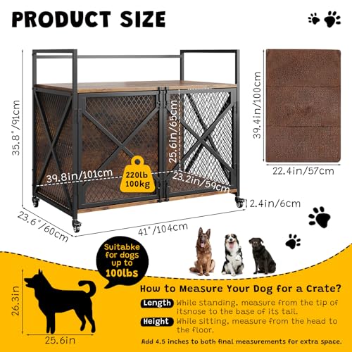 GarveeLife 41 in Dog Crate Furniture, Heavy Duty Decorative Dog Cage with Lockable 360° Wheels, Double Door Dog Kennel End Table for for Small Medium Large Dog, Rustic Brown