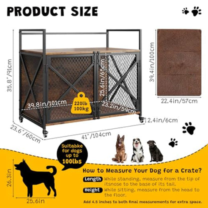 GarveeLife 41 in Dog Crate Furniture, Heavy Duty Decorative Dog Cage with Lockable 360° Wheels, Double Door Dog Kennel End Table for for Small Medium Large Dog, Rustic Brown