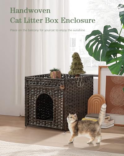 SETVSON Cat Litter Box Enclosure Furniture, Hidden Litter Box with Mat and Fence, Handwoven Rattan Cat House with Two S-Shaped Hooks for Living Room, Bedroom, 18.5 x 20.5 x 19.1 Inches (Brown) - color: Brown, size: Standard