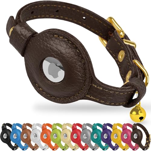 OOPSDOGGY Leather AirTag Cat Collar with Bell - Non Breakaway Kitten Collar with Apple Air Tag Holder - Lightweight GPS Pet Collars for Girl Boy Cats, Small Dogs, Puppies (Dark Brown) - color: Dark Brown