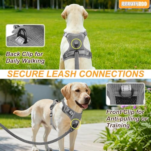BEAUTYZOO No Pull Dog Harness Large, Adjustable Dog Harness and Leash Set -Easy Wearing with 3 Buckles/Control Handle,No Choke Soft Padded Reflective Pet Vest for Training Walking Hiking,Grey M - color: Solid Grey, size: M: chest 16"-28"