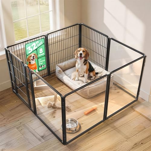 FXW AuraSpace Pro Acrylic & Wire Mesh Indoor Dog Playpen, 32" Height 8 Panels Metal Dog Pen for Small and Medium Dogs, Black│Patented - color: Black, size: 32"H
