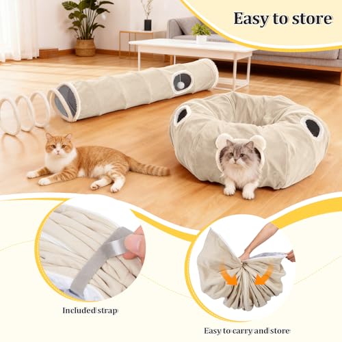 Ownpets 2-in-1 Cat Tunnel, Large Lollipop Shape Cat Tunnel Toy with Fluffy Balls, Spiral Toy, Plush Collapsible Cat Cave Hideout Donut Tunnel for Multi Kitten Puppy Rabbit (Beige) - color: Beige