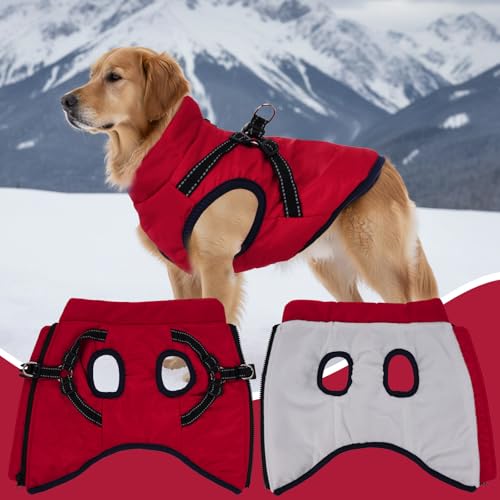 Dog Winter Coat with Harness Winter Jacket for Small Dogs Reflective Cold Weather Coats Warm Pet Vest Waterproof Snowsuit (Red, Medium) - color: Red, size: Medium