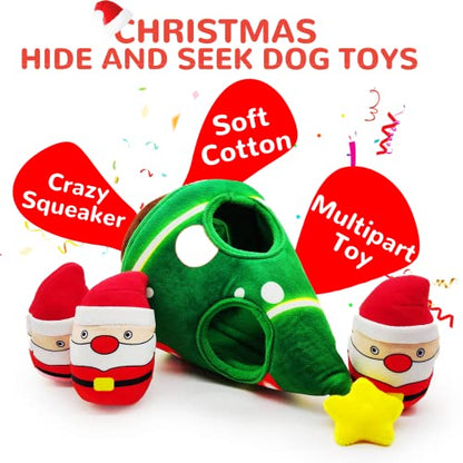 lilfrd Christmas Dog Toys, Dog, Xmas Christmas Tree, Santa Claus Hide and Seek Puzzle Squeaky Plush Rope Chew Fetch Brain Stimulating Toy Presents for Small Medium Dogs - style: Christmas Tree & Santa