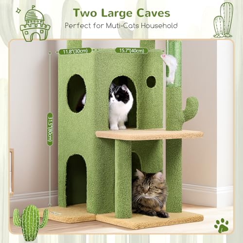 Globlazer Cactus Cat Tree Tower for Indoor Cats, 50-inch Adult Cat Tree House for Large Adult Cats with Steps, Scratching Post, 2 Cat Caves, Dangling Toys, FC50, Green - color: Cactus