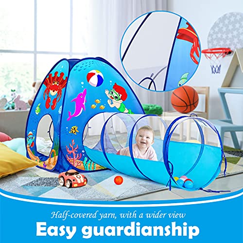 SISTICKER 3pc Kids Play Tent: with Baby Ball Pit and Crawl Tunnel - Toddler Pop Up Climbing Toys - Indoor Outdoor Playhouse - Gift for Year Old Boys Girls (Balls NOT Included) - style: Ocean