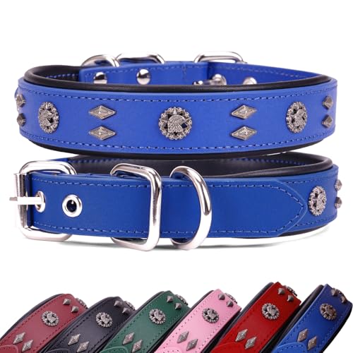 Leather Dog Collar for Medium Dogs - 1.2-Inch Wide Premium Adjustable Soft Handmade Eagle Hardware Ornamental Collar for Large Breeds, Durable & Comfortable - Blue - color: Blue, size: Width 1.2",Neck Size 17.5"-21.5"