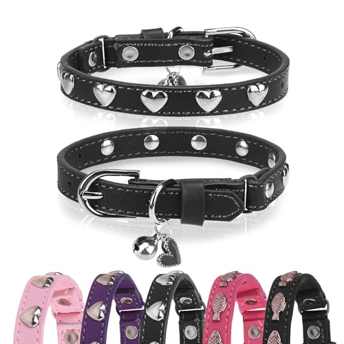 Leather Cat Collars for Boy Girl Cats with Bell and Safety Elastic Belt, Personalized Love and Fish Stud Adjustable Safe Buckle Collar for Kitty Small Big Cats Size 8-11 Inch, Black - color: Black_Love Heart, size: 8"-11" Cats / Mini Dogs(Pack of 1)
