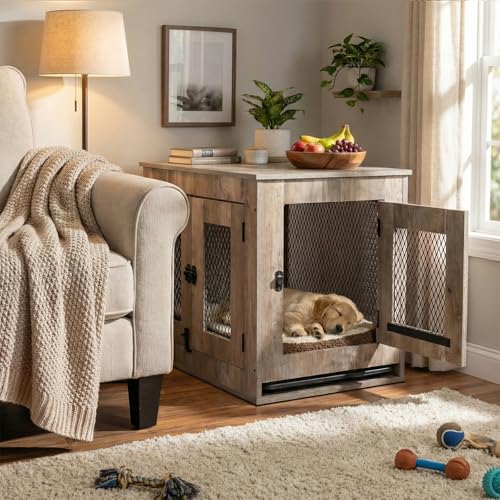 Agitree Wooden Dog Crate Furniture - Wire Mesh Door Decorative Dog Kennel End Table for Puppies, Cats, Rabbits - Indoor Use for Living Room, Bedroom(Gray) 25.59×18.58×21.61 inches