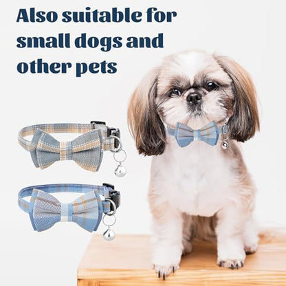 2 PCS Bow Tie Cat Collar with Bells Cat Collar Breakaway Cute Bowtie Plaid Cat Collar with Cat Buckle Soft Adjustable Kitten Accessories for Indoor Cats Puppy and Small Pets Blue and White Plaid