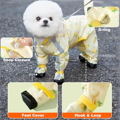 Junchl Small Dog Raincoat Rainboots with D-Ring, Full Coverage Dog Rain Jacket Slicker Poncho, Waterproof Dog Rain Jacket with Reflective Strip, Rainboot, Tail Cover Pineapple M - color: Pineapple, size: M:Back 12"(5-8lb)