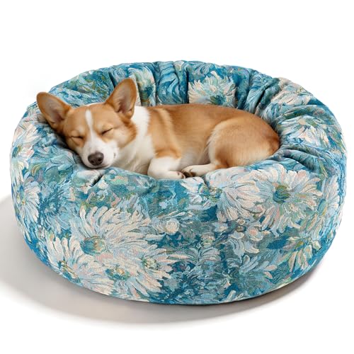 Dog Calming Beds for Small Medium Large Dogs - Round Donut Washable Puppy Dog Bed, Anti-Slip Faux Fur Fluffy Donut Cuddle Anxiety Cat Pet Bed (32" Flower) - color: Flower, size: 32"L x 32"W x 8"Th