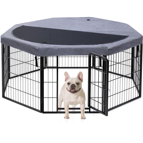 PETIME Dog Playpen,Metal Exercise Puppy Pen Heavy Duty Kennels Yard Fence Indoor/Outdoor 22" W x 24" H 8 Panels Dog Cage with Octagon Top Cover - size: 24"H, style: Playpen+Octagon Top