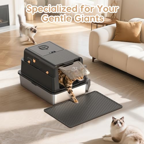 L8 Ultra-XXXL Stainless Steel Litter Box with Smart Odor Control System, 28"L x 20.5"W x 17.4"H Large Cat Litter Box with Lid for Big Cats, High Sided Enclosure with Scoop & Mat, Anti-Leakage-Black - color: Dark Black