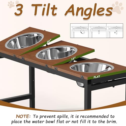 Elevated Dog Bowls Large Breed,Adjustable Raised Dog Bowl Stand,Stainless Steel 3 Bowl Dogs Feeding Station,12.5cup/101oz Each Food Water Bowl(Iron Holder,Wooden Platform,Grained Oak)