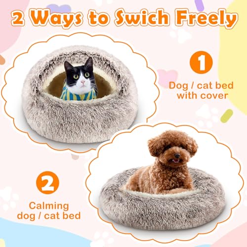 Cinnvoice 2 Pcs Self Warming Cat Beds with Hood, Self Heating Dog Cave Bed, Fluffy Round Covered Pet Pad, Plush Hooded Pet Beds with Non-Slip Bottom for Indoor Cat or Small Middle Dog(Coffee,24 in) - size: 24 In