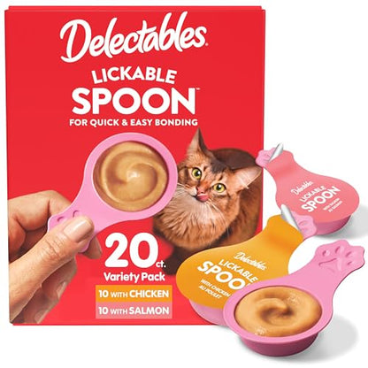 Delectables Lickable Spoon Handheld Wet Cat Treats Made with Real Chicken & Salmon, Quick & Easy Creamy Puree, Mess Free, Grain-Free, No Added Fillers, No by-Products, Variety Pack, 20ct - size: 0.35 Ounce (Pack of 20)