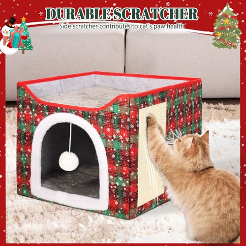 Heated Cat Bed for Indoor Cats, Foldable Cat House with Removable Heating Pad for Cats Small Dog Covered Cat Bed Cave Kitty Hideaway with with Scratch Pad, All Season Use