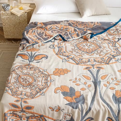 MEJU Round Flower Branch Boho Mandala Muslin All Season Throw Blanket for Bed Sofa Couch, 100% Cotton 4 Layer Soft Warm Farmhouse Retro Throw Blanket Bed Coverlet Full Queen 80 in x 90 in - color: Mandala, size: F/Q 80 in x 90 in