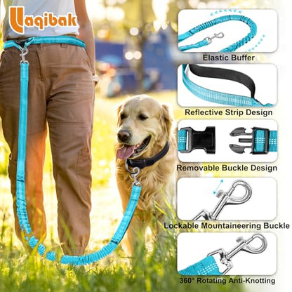 Laqibak Hands Free Dog Leash, Adjustable Waist Leash for Dog Walking, Dual Handle Bungee Dog 4.2-6.7 Feet Long with Reflective Stitches for Walking Hiking Running, Fits 26"- 43" Inch Waist, Blue - color: Blue
