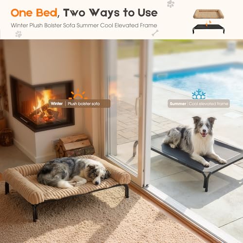 Elevated Dog Bed with Removable Fluffy Pillow Cushion, Raised Pet Cot Washable Bolster, Dog Couch Sofa, Anti Slip Feet, Breathable Mesh, Khaki, 43"×32" - color: khaki, size: L(43"×32"×8")