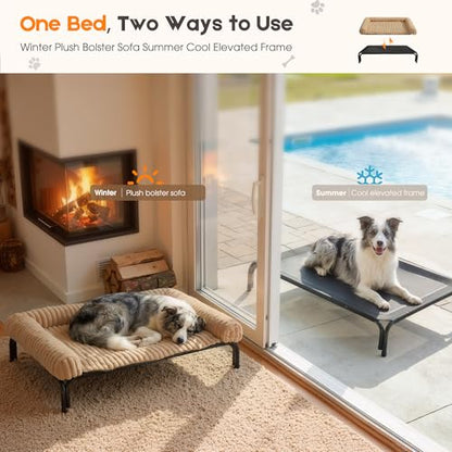 Elevated Dog Bed with Removable Fluffy Pillow Cushion, Raised Pet Cot Washable Bolster, Dog Couch Sofa, Anti Slip Feet, Breathable Mesh, Khaki, 43"×32" - color: khaki, size: L(43"×32"×8")
