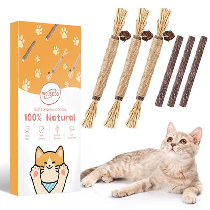 WOUSEDO 6 Pack Silvervine Sticks Cat Toy, Natural Chew Stick for Dental Care Teeth Cleaning,Matatabi Cat nip Treat Toys for Indoor Cats& Kittens - size: 6 PACK