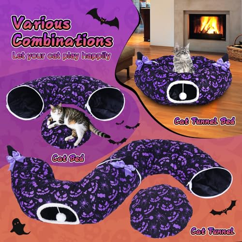 Tidjani Cat Tunnel Bed, Cat Tunnels for Indoor Cats, Foldable Cat Donut Bed with Washable Mat and Dangling Balls, Purple Bowknot, Ghost Spider Pattern Decor Pet Toys for Small Animals - style: Black Bow Ears